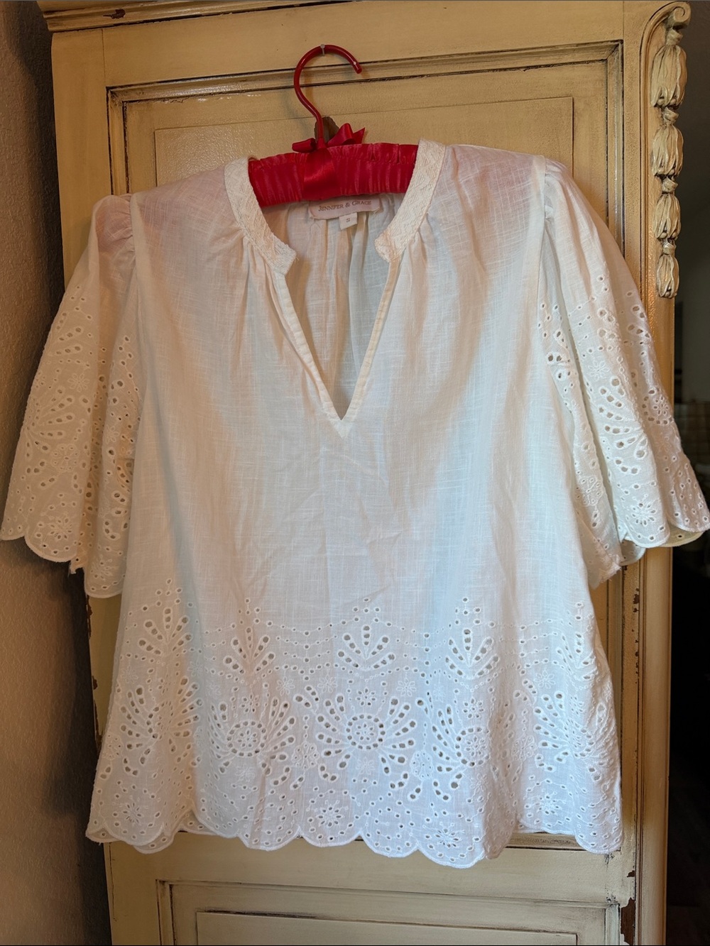 Jennifer & Grace White Eyelet Peasant Blouse with Scalloped Hem
